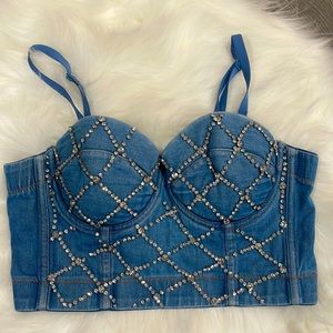 NWT denim corset with rhinestone appliqués